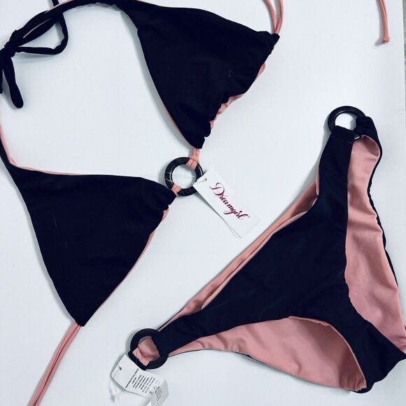 Dreamgirl: 2-in-1 Fully Reversible Pink/Brown Halter Bikini with Ring Detail​ - Picture 5 of 7